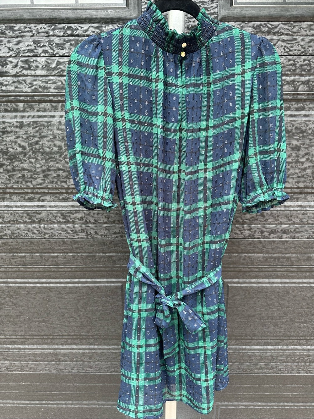 Tommy Hilfiger Navy and Green Plaid Mini Dress with Tie Waist